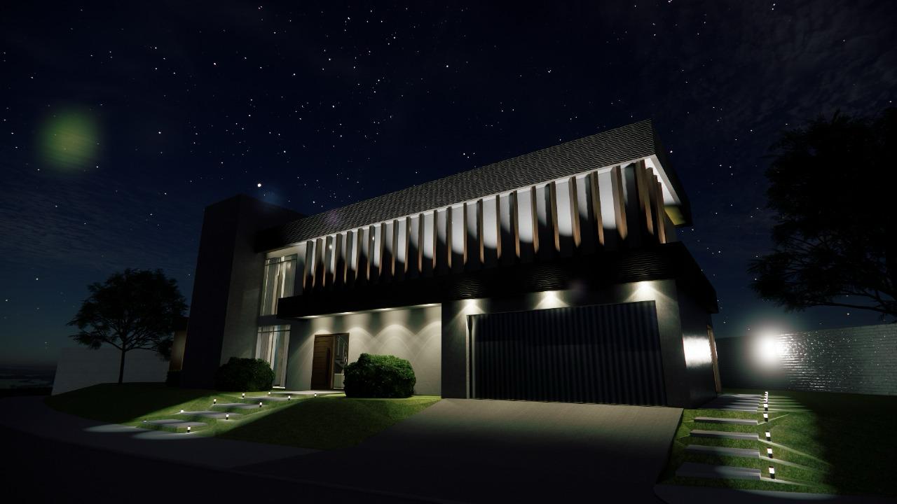 Casa Lambari moderna de dois andares à noite com luzes externas iluminando a fachada, uma entrada de automóveis, pequenos arbustos paisagísticos e um céu estrelado no alto.