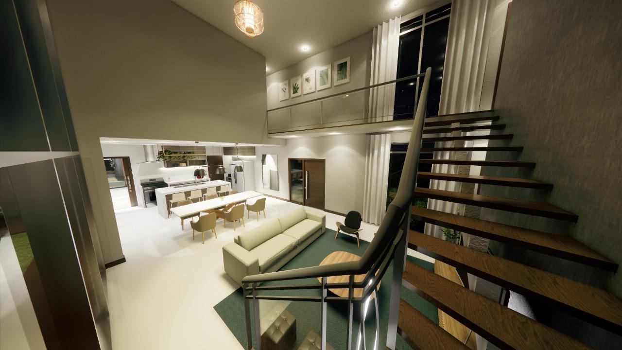 Sala de estar e cozinha modernas e abertas na Casa Lambari, com loft, escada de madeira, janelas grandes, paredes brancas e móveis minimalistas.