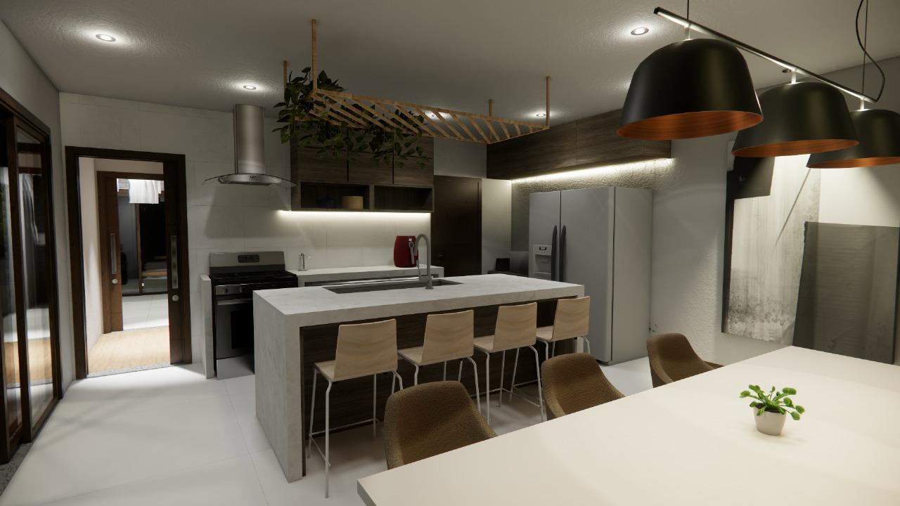 Cozinha moderna na Casa Lambari com uma ilha com quatro bancos de bar, eletrodomésticos de aço inoxidável, iluminação suspensa e uma mesa de jantar com uma pequena planta em primeiro plano.