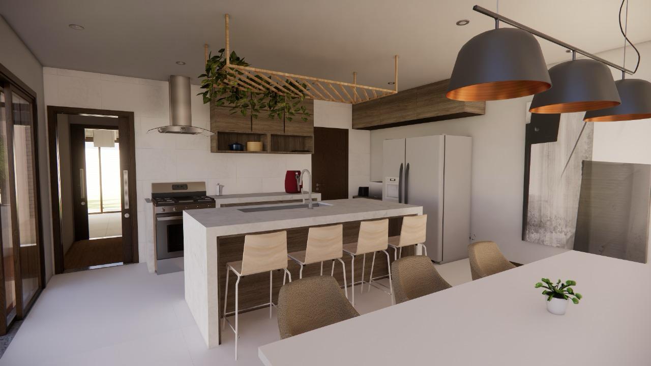 Cozinha moderna na Casa Lambari com uma grande ilha, quatro bancos de bar, eletrodomésticos de aço inoxidável, luminárias pendentes e uma mesa de jantar com cadeiras e um pequeno vaso de planta.