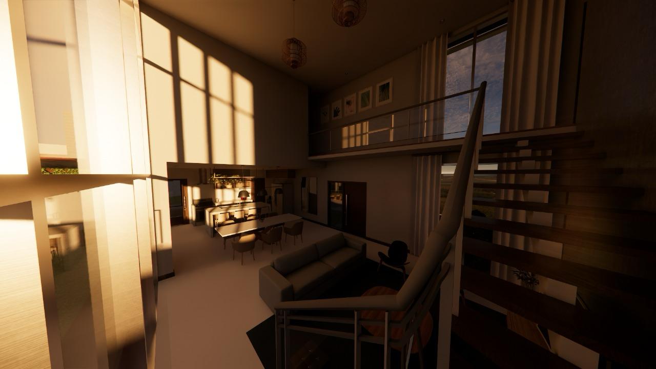 Sala de estar moderna e ensolarada na Casa Lambari, com planta baixa aberta, escada, mesa de jantar, cozinha, janelas grandes e mezanino.