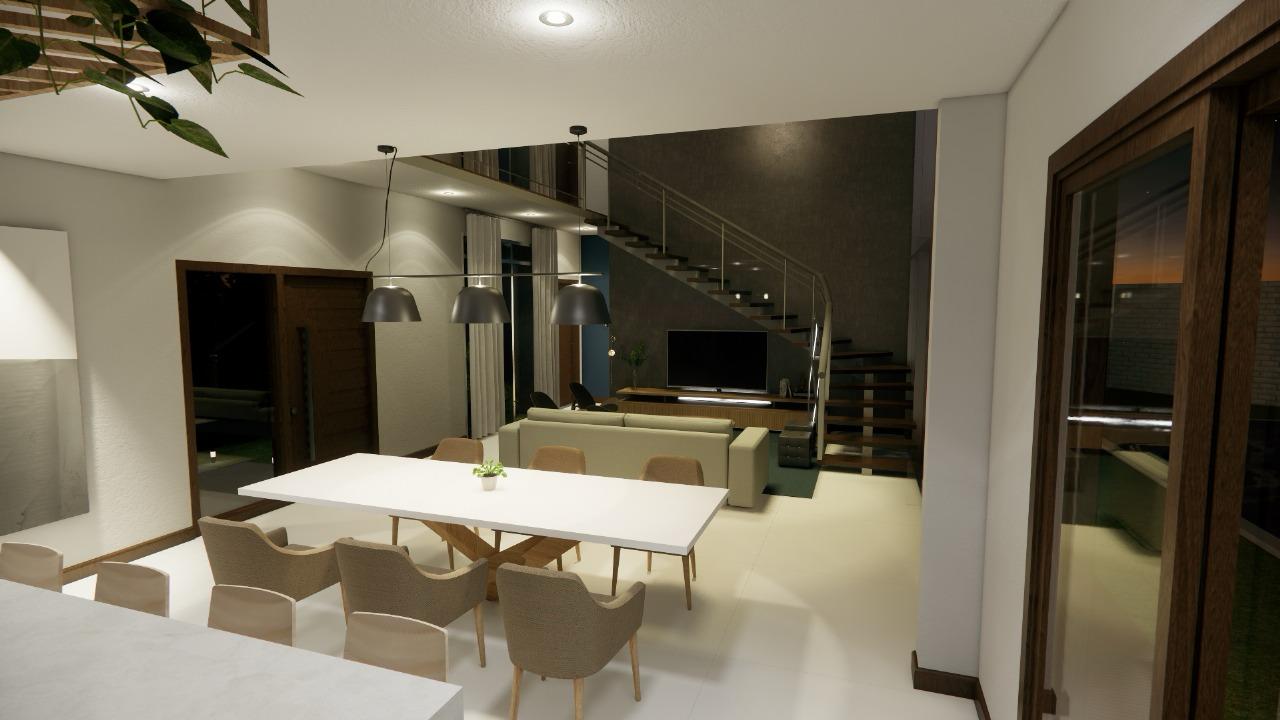 Experimente uma vida moderna em plano aberto na Casa Lambari, que conta com uma espaçosa área de jantar com uma mesa longa, seis cadeiras, luminárias pendentes, sofá aconchegante, TV e escada, tudo em um interior lindamente iluminado.