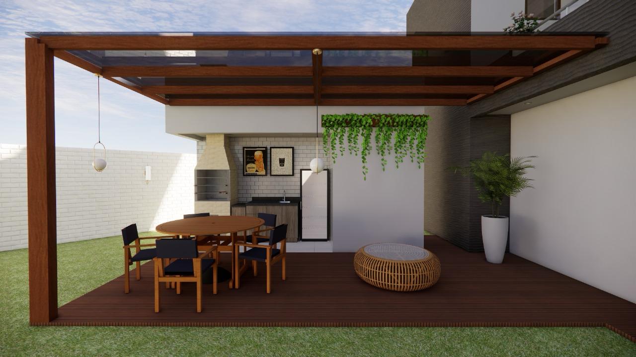 Pátio externo moderno na Casa Lambari com deck de madeira, mesa redonda e cadeiras, luminária pendente, planta em vaso, arte de parede e um jardim vertical sob um teto de pérgola transparente.
