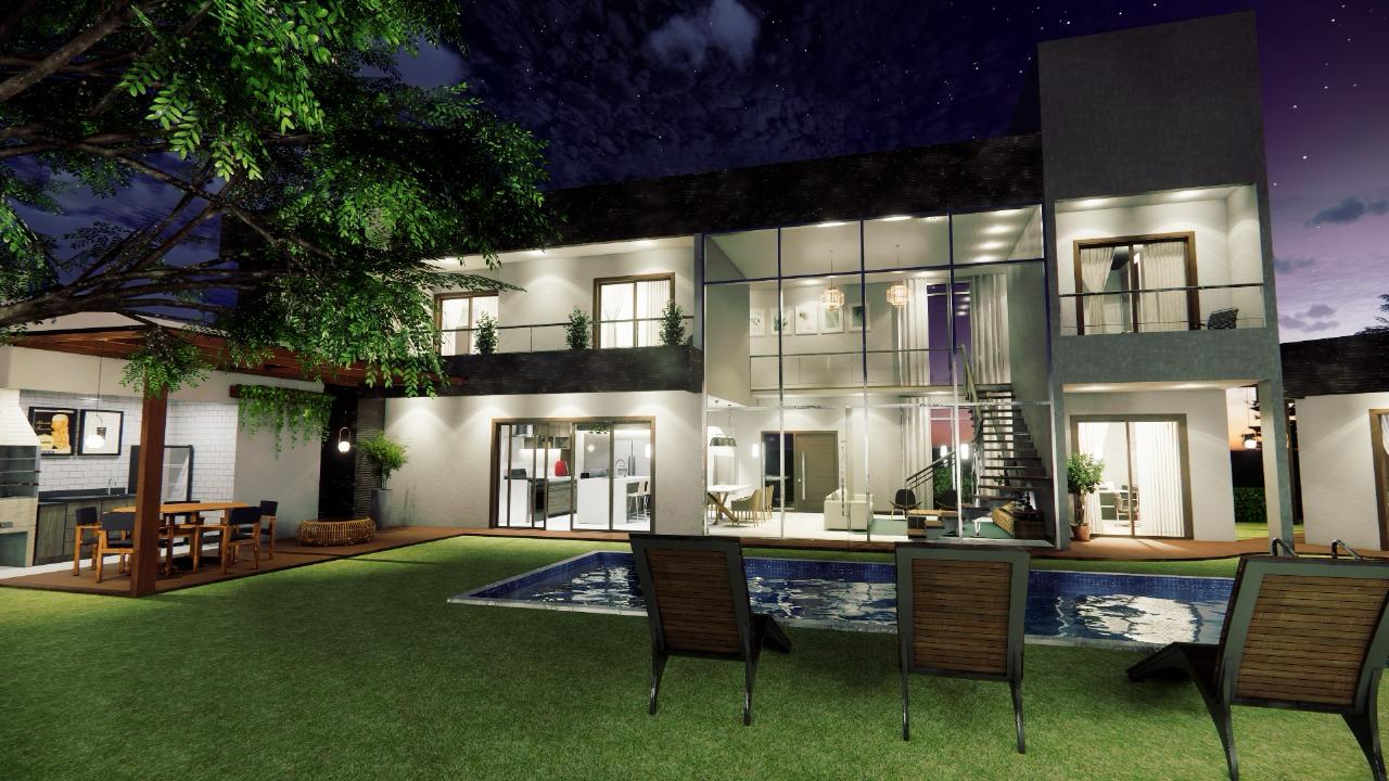 Casa Lambari moderna de dois andares com grandes janelas de vidro, piscina ao ar livre, gramado, área de estar no pátio e uma área de jantar coberta iluminada à noite.
