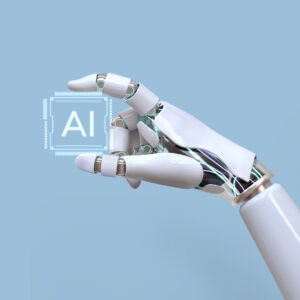 Uma mão robótica segurando um ícone digital com as letras "AI"