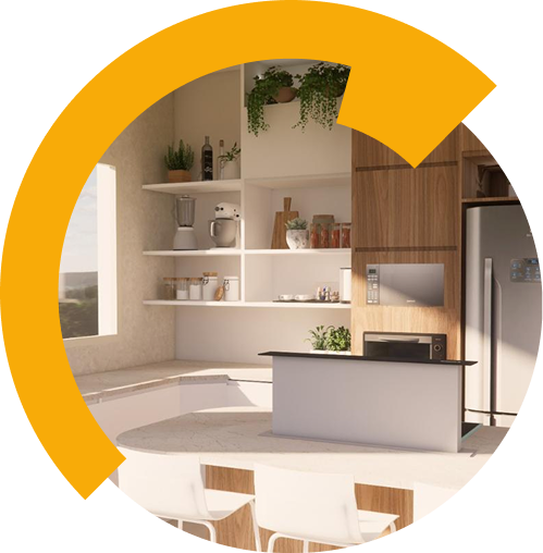 Cozinha moderna com armários de madeira, prateleiras abertas contendo eletrodomésticos e plantas, uma geladeira e uma ilha central, parcialmente emoldurada por um elemento gráfico circular amarelo, perfeita para exibir projetos ou BIM em engenharia contemporânea.