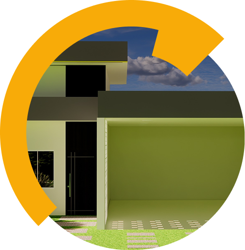 Casa moderna de dois andares com telhado plano, janelas grandes e uma garagem vazia — exibindo arquitetura contemporânea — parcialmente coberta por uma forma gráfica circular amarela.