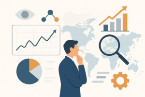 Ilustração de um empresário analisando tabelas e gráficos com um fundo de mapa-múndi, destacando o crescimento de empresas, tendências de dados e uma lupa para pesquisa em Inteligência de mercado.