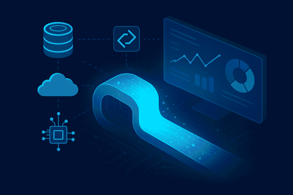 Ilustração em tons de azul mostrando um pipeline de dados fluindo de um banco de dados, nuvem e chip para uma tela com gráficos e diagramas, simbolizando o processamento e a análise de dados.