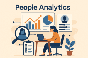 Ilustração horizontal de uma profissional analisando dados de People Analytics em um escritório, com gráficos, ícones de perfil e elementos visuais conectados por linhas, em estilo flat e cores corporativas.