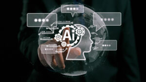 Pessoa interagindo com interface digital que exibe ícone de inteligência artificial (AI), cabeça humana com engrenagens e balões de diálogo, simbolizando o uso de LLMs na comunicação empresarial.