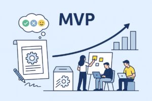 Ilustração conceitual de MVP com protótipo de produto, ícones de feedback, equipe desenvolvendo ideias em quadro branco e gráfico de crescimento ao fundo.