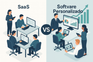 Ilustração dividida em dois lados: à esquerda, equipe em um escritório utilizando computadores com sistemas simples rotulados como “SaaS”; à direita, profissionais interagindo com painéis personalizados, gráficos e tablets em um ambiente rotulado como “Software Personalizado”,