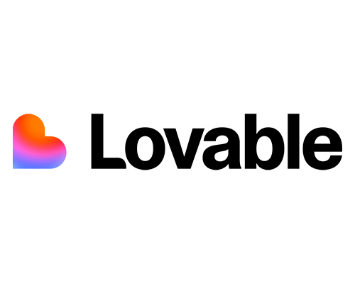 A palavra "Lovable" em texto preto aparece ao lado de um logotipo em forma de coração com um gradiente de vermelho, roxo e azul, projetado em um plano de fundo branco usando o Elementor.