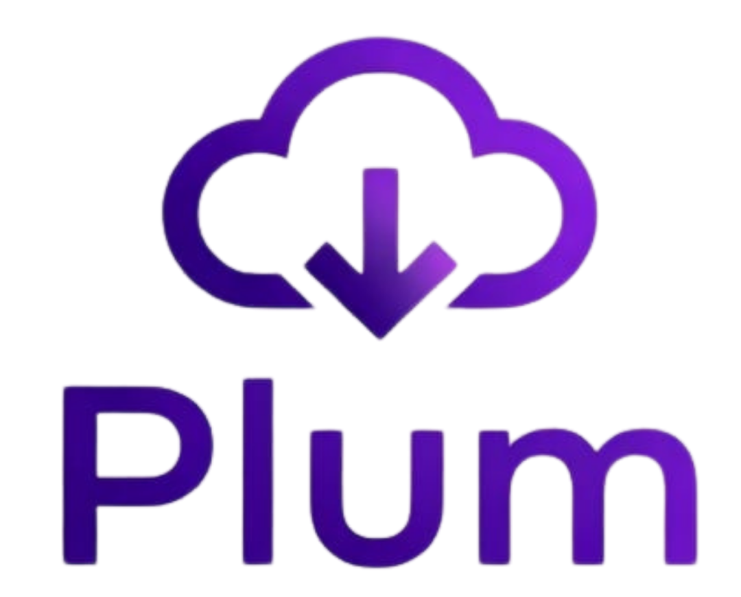 Nuvem roxa com uma seta para baixo acima da palavra "Plum" em texto roxo em negrito em um fundo branco, representando inovação e construção de empreendimentos.