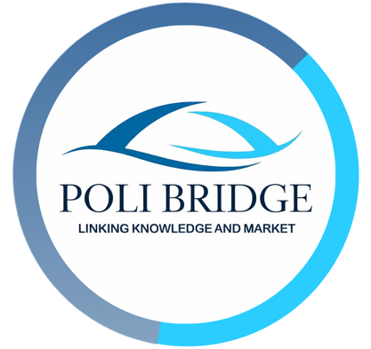 O logotipo do Poli Bridge apresenta uma ponte azul estilizada acima do texto "POLI BRIDGE" e o slogan "LINKING KNOWLEDGE AND MARKET", circundado por um anel gradiente azul, refletindo o compromisso com a construção de empreendimentos.