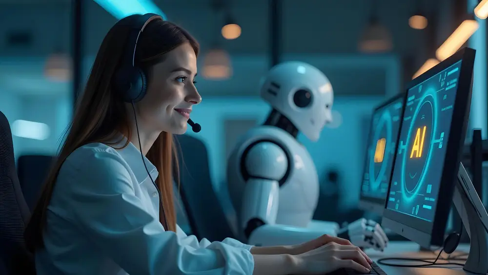 Mulher sorridente com headset e robô com tela AI, representando colaboração humano-IA no trabalho futurista.