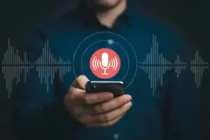 mão segurando celular, com um icone de microfone em cima