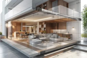 Projeto de interiores em 3D e renderização de sala moderna com plano arquitetônico.