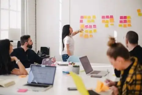 Um grupo de pessoas em uma sala de reuniões com post-its na parede.