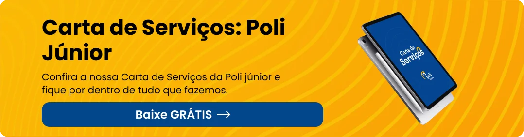 Banner divulgando a Carta de Serviços da Poli Júnior com imagem de tablet exibindo a capa da carta. Inclui um botão denominado "Baixe GRÁTIS" sobre fundo amarelo com linhas radiais.