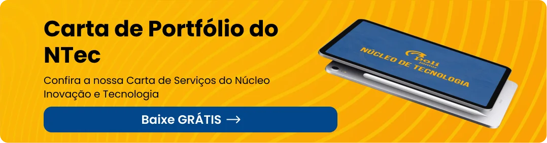 Banner divulgando a Carta do Portfólio do Núcleo de Tecnologia (NCiv). O texto incentiva o download gratuito do documento Carta de Serviços, com botão “Baixe GRÁTIS”. A imagem de um tablet está em segundo plano.