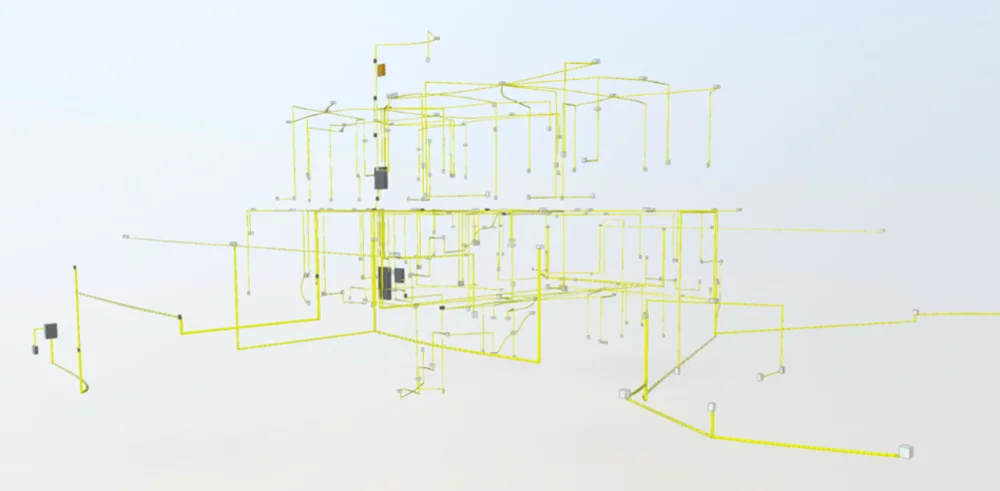 Modelo de wireframe arquitetônico 3D representando uma estrutura complexa de vários níveis com várias linhas de conexão e elementos flutuantes, renderizados em amarelo suave contra um fundo claro de Jandira.