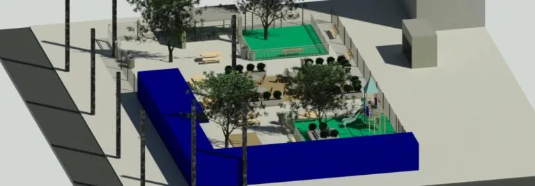 Uma renderização 3d de uma praça com árvores e uma cerca azul.