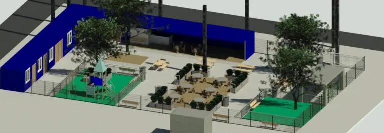 Renderização 3D de área externa com cerca azul e praça 2.0.