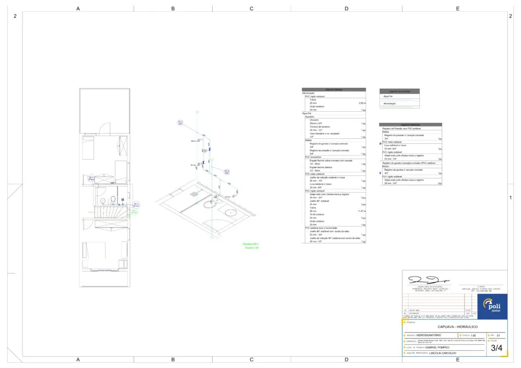 Desenho técnico do Projeto Capuava mostrando plantas e diagramas arquitetônicos, incluindo cortes detalhados, vistas de elevação e anotações.