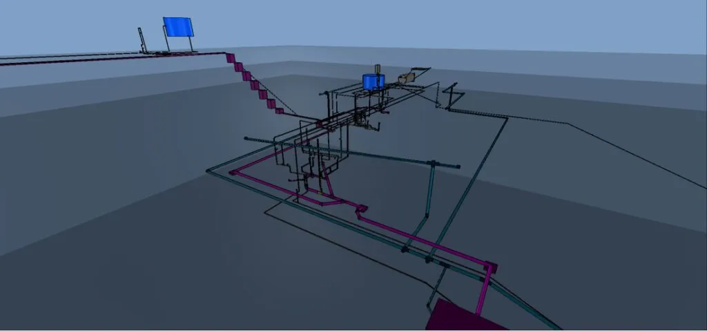 Modelo 3D de duto no Sítio das Coleirinhas com cano azul e cano azul.