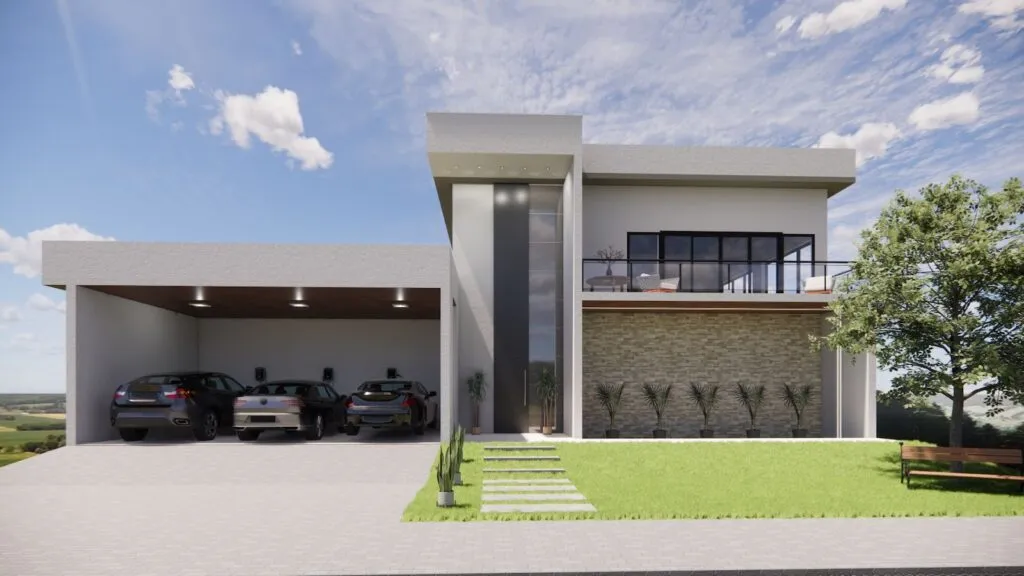 Renderização 3D da Casa Arujá, uma casa moderna com carro estacionado em frente.