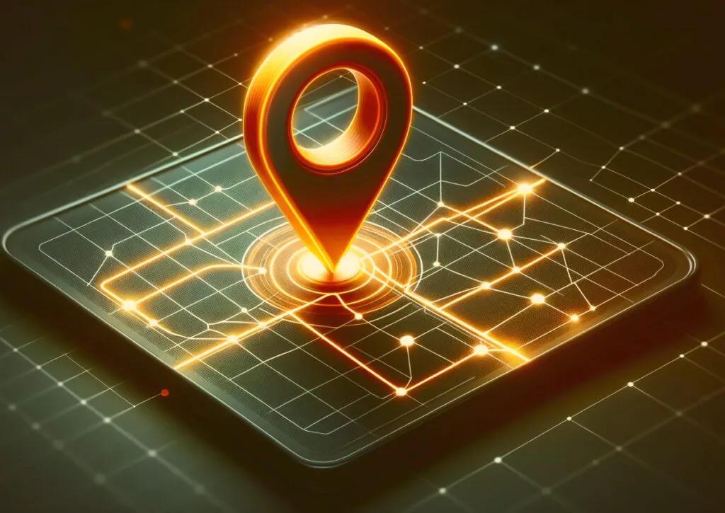 Um mapa com um alfinete de localização, usado para marketing baseado em localização.