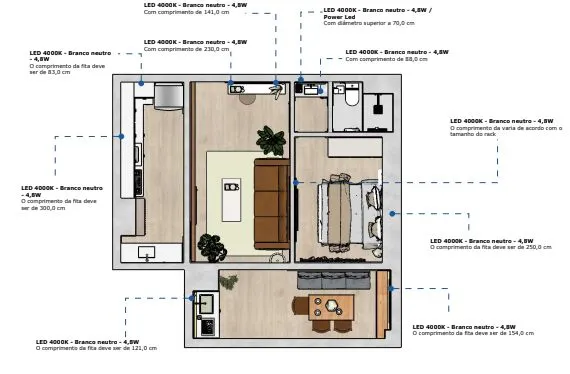 Planta de apartamento mobiliado com iluminação LED Design Itamar.