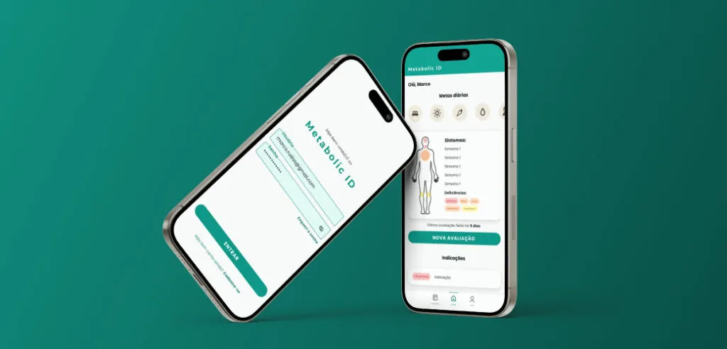 Dois smartphones contra um fundo azul-petróleo exibindo a interface do aplicativo mobile da Metabolic ID