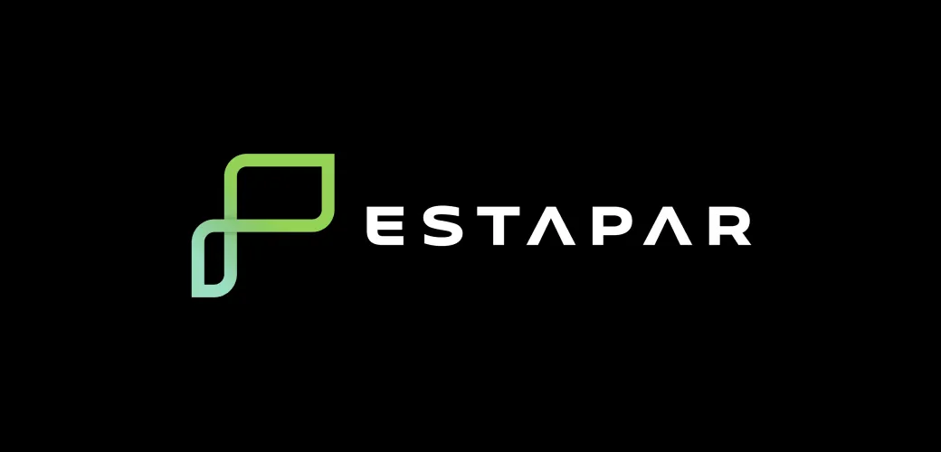 Logotipo da Estapar sobre fundo preto.