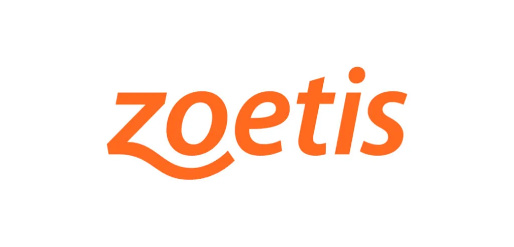 Logotipo da Zoetis texto laranja sobre fundo branco.