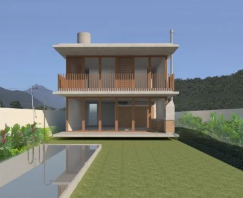 Renderização 3D de uma casa de dois andares com varandas, cercada por um gramado e tendo como pano de fundo montanhas, criada por meio de automação de documentos.