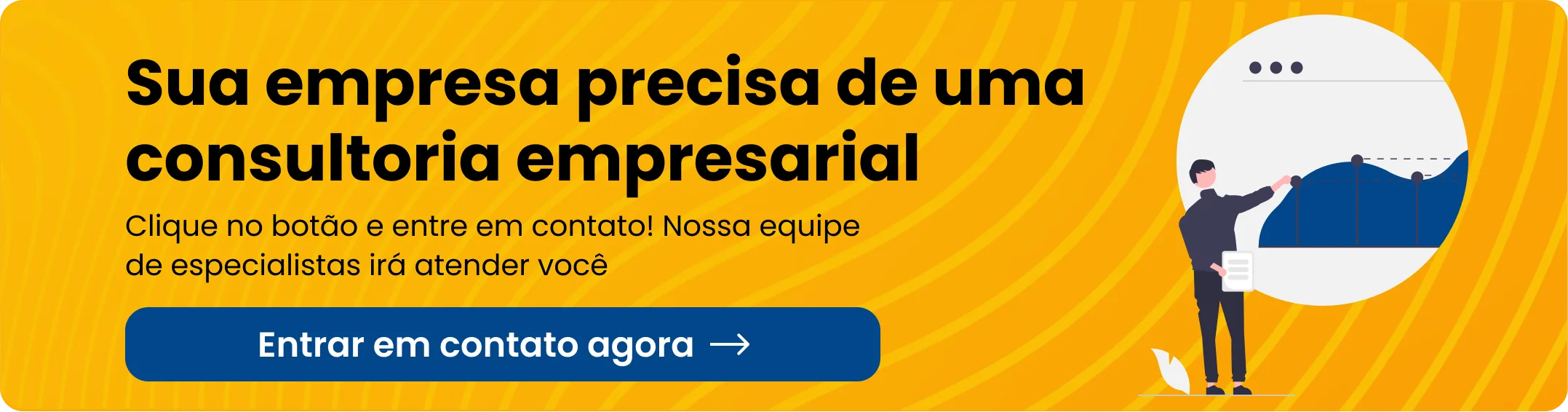 Banner em português anunciando serviços de consultoria empresarial, com ilustração de uma pessoa apresentando gráficos. Texto: "Sua empresa precisa de uma gestão empresarial eficiente" e botão "Entrar em contato agora".