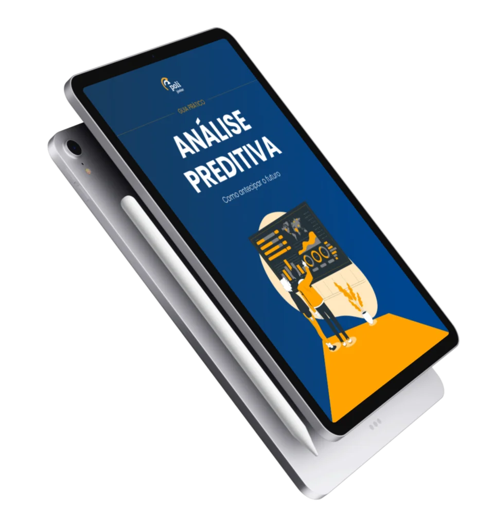 A tela de um tablet exibe "Análise Preditiva", acompanhada pela ilustração de uma pessoa analisando um gráfico, sugerindo insights para o futuro.