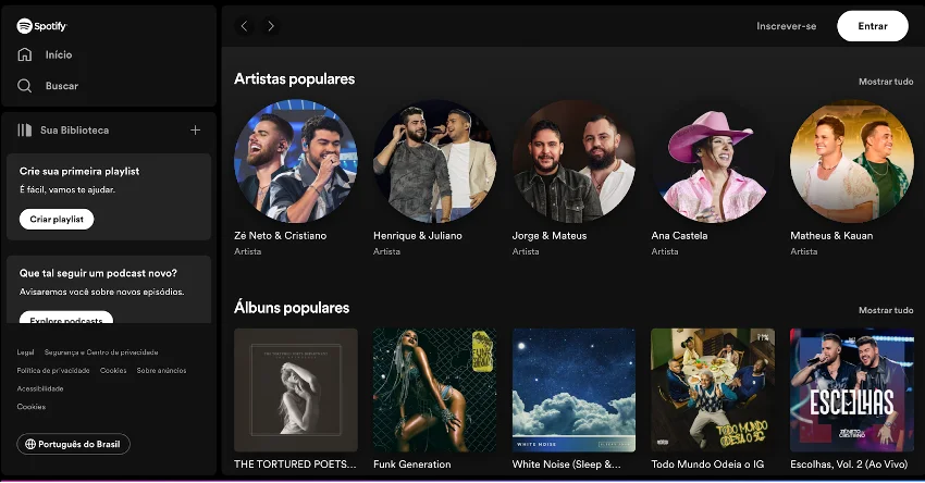 Captura de tela da página inicial do Spotify mostrando artistas e álbuns populares.