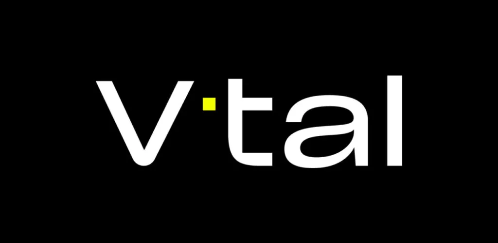 A imagem apresenta a palavra "Vtal" em letras minúsculas brancas elegantes sobre um fundo preto, com um pequeno quadrado amarelo substituindo criativamente o ponto acima do "i".