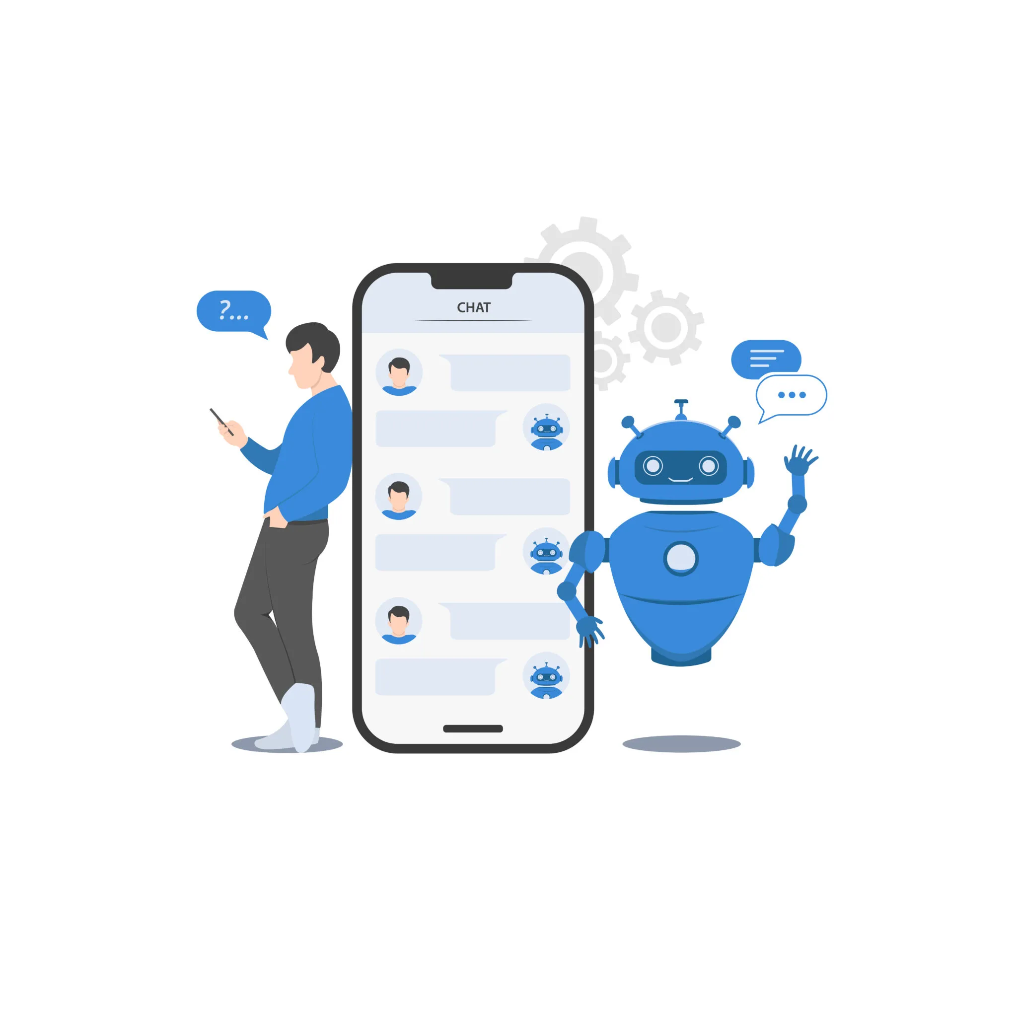 Ilustração de uma pessoa enviando mensagens de texto para um chatbot no WhatsApp, enquanto um robô simpático acena por perto.