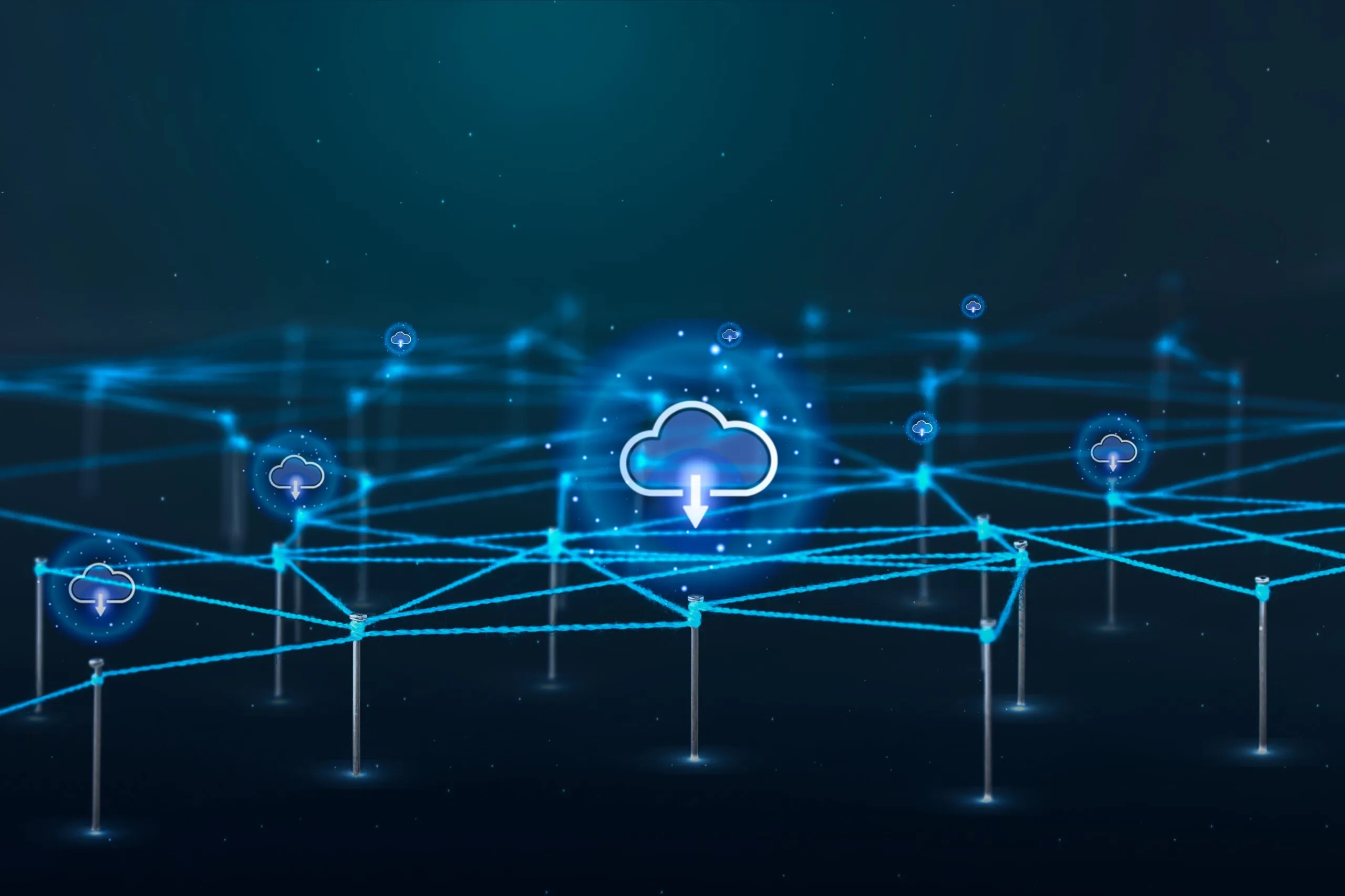 Ilustração digital representando uma rede de conexões em tons de azul, com ícones de nuvem indicando upload e download de dados. No centro, uma nuvem maior com uma seta para baixo destaca o conceito de armazenamento em nuvem ou data lake