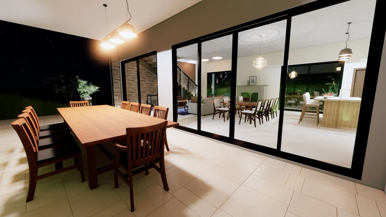 Projeto Atibaia | Copia de ARQRender ChurrasqueiraNoite Uma moderna área de jantar com mesa e cadeiras de madeira é mostrada em um pátio coberto, com grandes portas de vidro que levam a uma sala de jantar interna e cozinha.