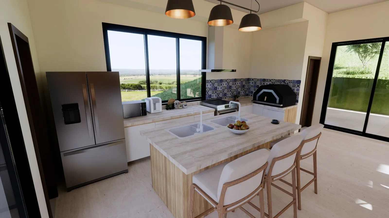 Projeto Atibaia | Copia de ARQRender Cozinha Cozinha moderna com armários de madeira clara, uma ilha central com bancos, geladeira de aço inoxidável, eletrodomésticos em balcões e grandes janelas com vista para o verde externo.