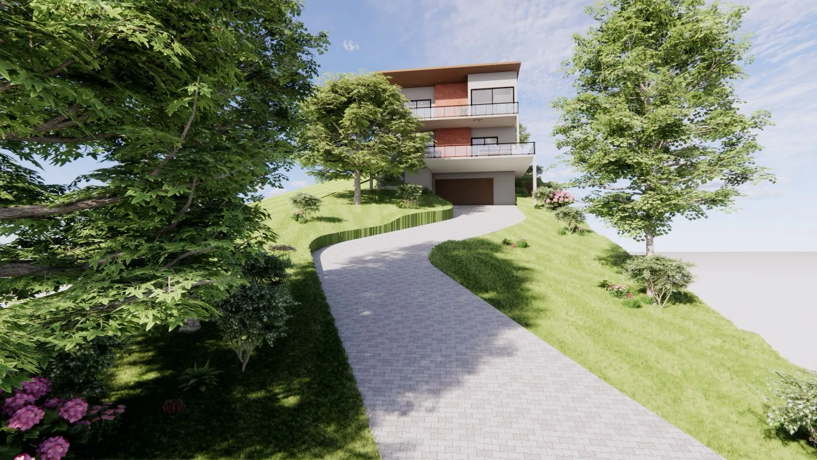 Projeto Atibaia | Copia de ARQRender Fachada2 Uma casa moderna de dois andares em uma colina gramada com uma entrada sinuosa pavimentada, cercada por árvores e vegetação sob um céu parcialmente nublado.