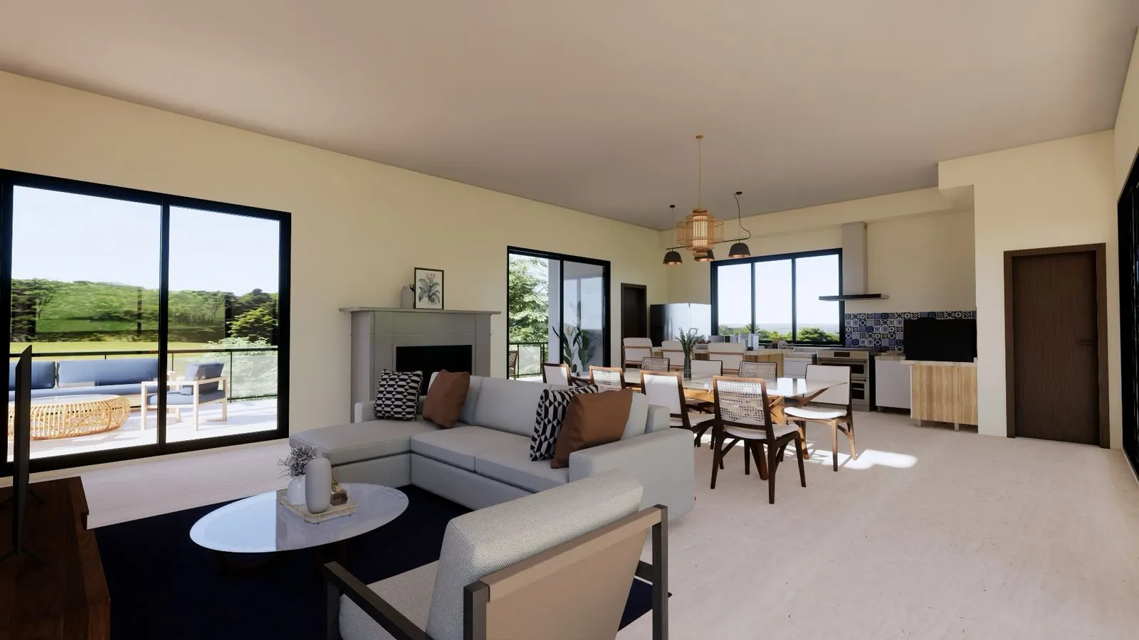 Projeto Atibaia | Copia de ARQRender Sala3 Sala de estar e cozinha modernas e abertas com janelas grandes, móveis neutros, mesa de jantar e acesso a um pátio externo ensolarado.