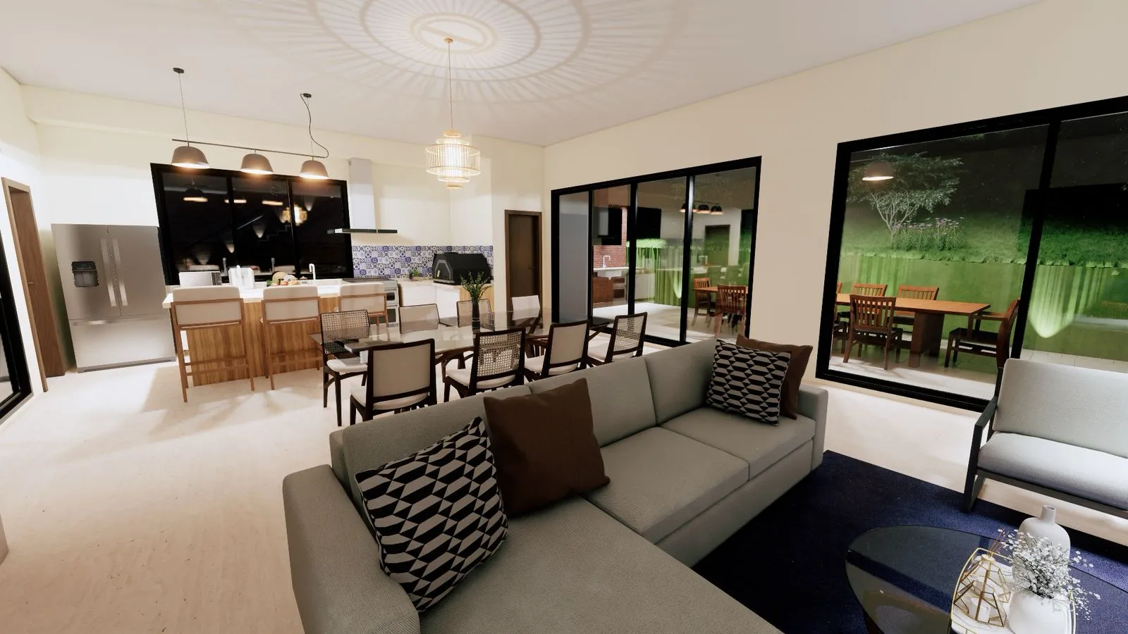 Projeto Atibaia | Copia de ARQRender SalaNoite2 Sala de estar, jantar e cozinha modernas em conceito aberto, com decoração neutra, janelas grandes e vista para um pátio externo com assentos.