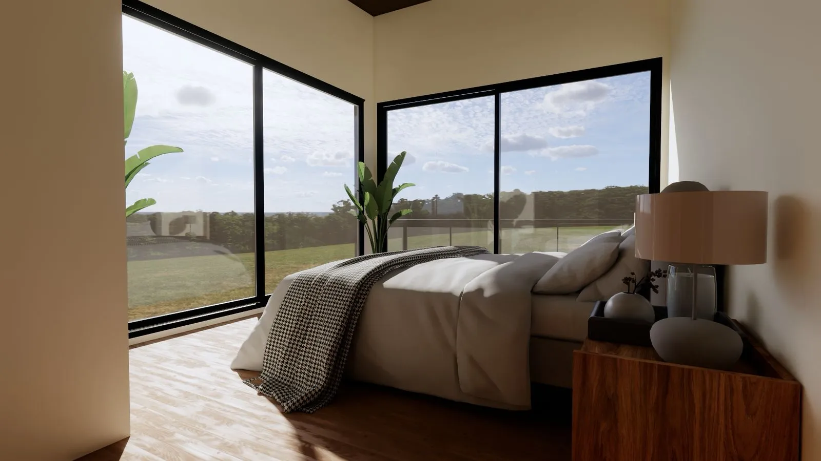Projeto Atibaia | Copia de ARQRender SuiteMaster Um quarto moderno com grandes janelas do chão ao teto, uma cama com roupa de cama neutra, um criado-mudo de madeira e plantas, com vista para uma paisagem gramada ao ar livre.